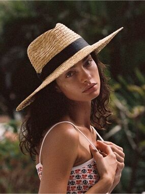 NWT Lack of Color Straw Sun Hat Wide Brim Black Band Medium 57cm Fedora Natural